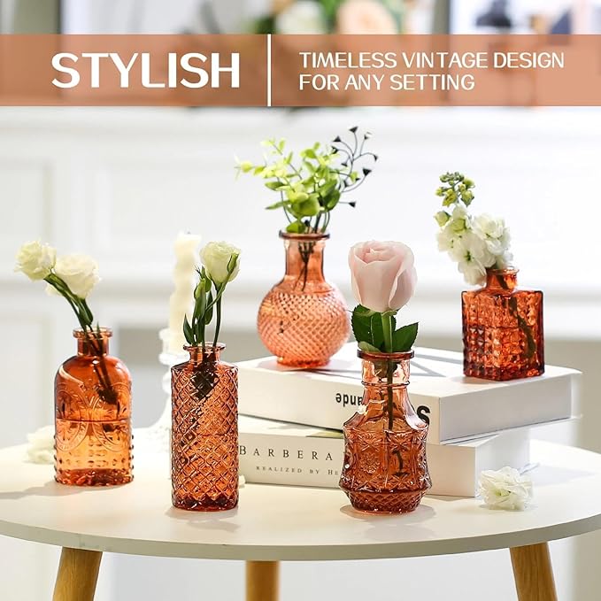 Mini Bud Vases Centerpieces for Tables, for Flowers,Small Flower Vases Suitable for Birthday Party,Anniversary,Wedding Reception,Baby Shower (Amber, 12PCS)