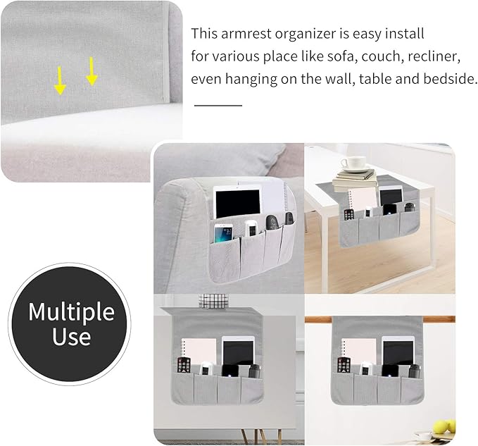 Sofa Armrest Organizer, Remote Control Holder for Recliner Couch, Arm Chair Caddy with 6 Pockets for Magazine, Tablet, Phone, iPad (Silver Gray, W13'' x L33'')