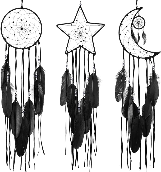 Jetec 3 Pcs Dream Catcher Moon Sun Star Design Handmade Traditional Craft Ornament Wall Art Hanging Home Decoration for Bedroom Room Decor Wedding Halloween Christmas Decorations Gift(Black)