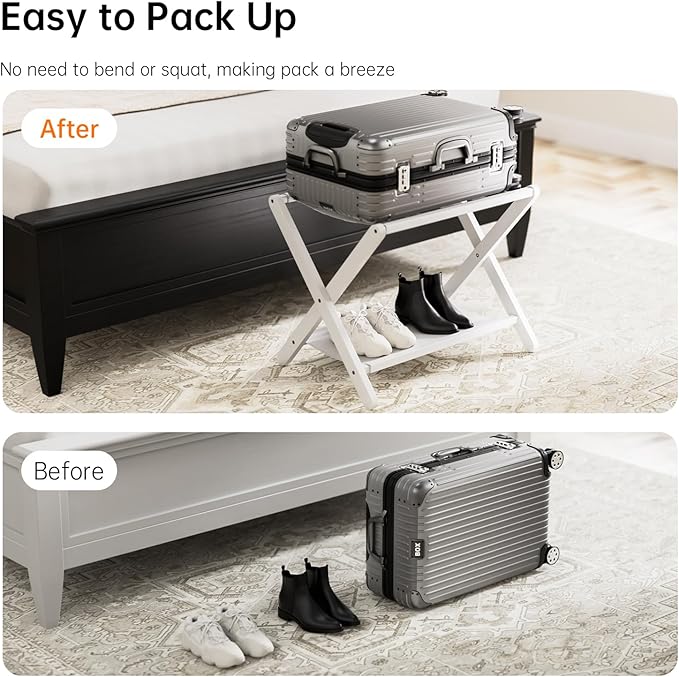 HITNET White Luggage Rack, Folding Suitcase Stand, Bamboo Luggage Holder with Storage for Guest Room Bedroom Hotel