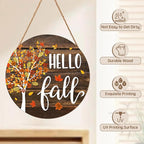 Hello Fall Wreath for Front Door Fall Tree Welcome Door Sign 12x12 Inch Autumn Maple Leaves Wood Door Hanger Farmhouse Thanksgiving Hanging Plaque for Home Porch Wall Indoor Outdoor Decorations