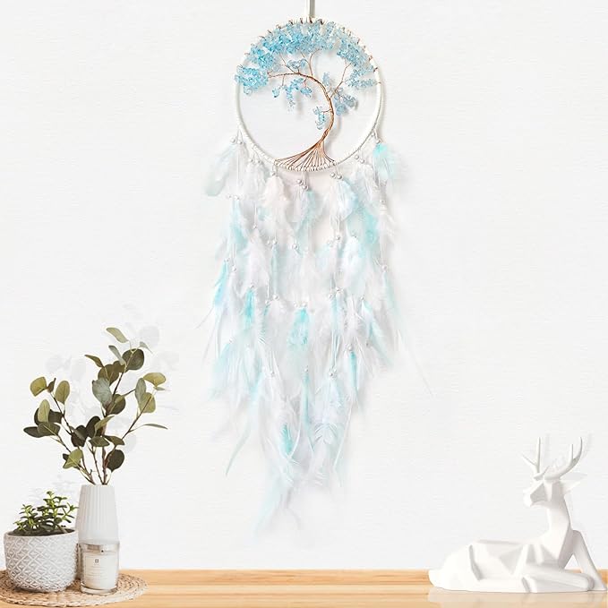 White and Cyan Dream Catcher Wall Decor Crystal Tree of Life Dream Catchers Handmade Feather Dreamcatcher Wall Hanging Ornament for Bedroom Living Room Home Decor