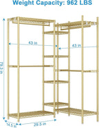 Ulif E4 Clothes Rack, Heavy-Duty Garment Rack, Metal Freestanding Clothing Organization Storage System Can Be L-Shaped with Shelves and Hangers, Max Load 962lbs, 71.6" W x 14.5" D x 79.3" H, Gold