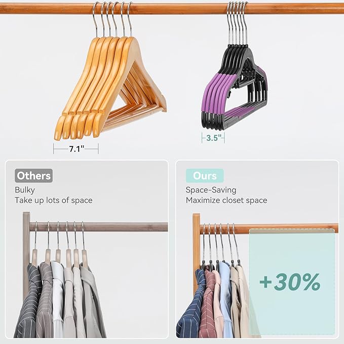 Pack of 50 Coat Hangers, Space-Saving Plastic Clothes Hangers, Non-Slip, 0.2 Inches Slim, 360° Swivel Silver Hook for Shirts, Pants, Suit & Wet/Dry Garments, Purple and Black