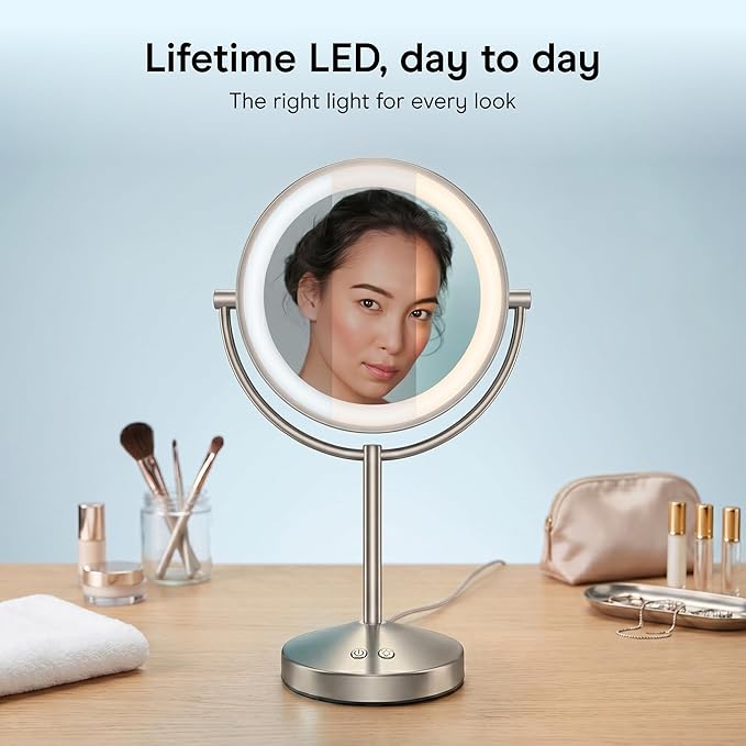 Conair Lighted Makeup Mirror, Double-Sided Vanity Mirror with 1X/10X Magnification, 3 Color Modes and 360 Rotation, Satin Nickel, BE401X2