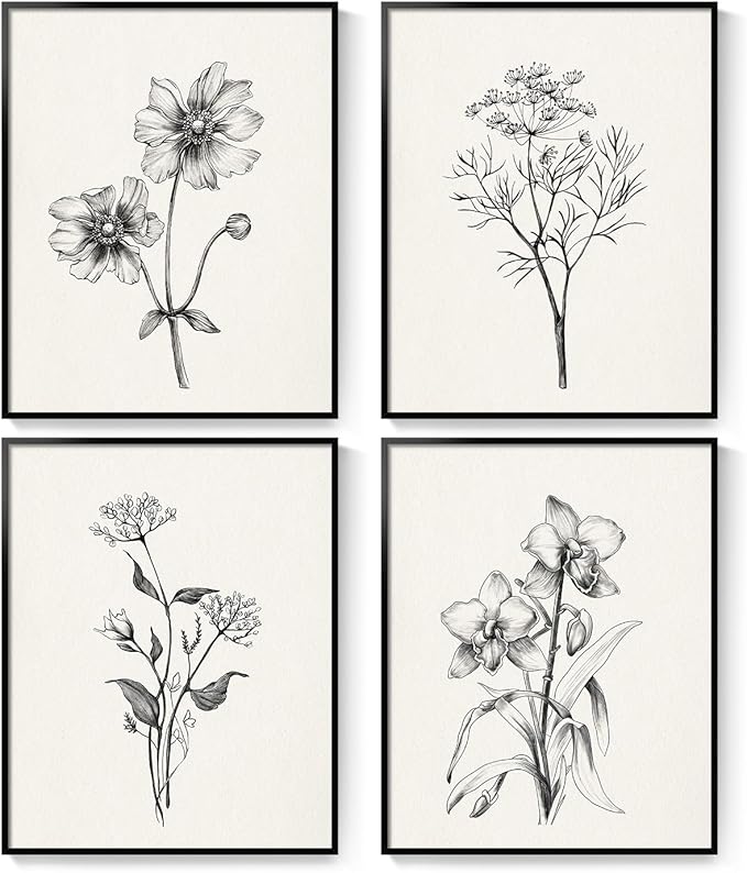 Framed Black and White Bathroom Wall Art, 4 Piece Vintage Floral Canvas Prints Artwork for Farmhouse, Rustic Minimalist Flower Botanical Pictures for Bedroom Living Room Wall Decor, 8x10x4 (Pack)