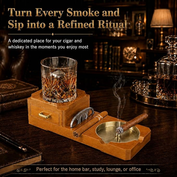 Cigar Ashtray Gift Set with Cigar Cutter, Whiskey Glass Tray and Wooden Ash Tray Outdoor Ashtray for Cigarettes, Great Decor for Home Office cigar Gifts for Men