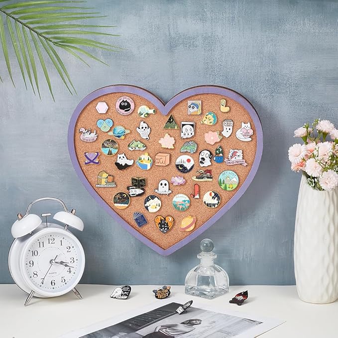 BENECREAT Purple Heart Pin Cork Board Bulletin Display Board, 10.6x11.8inch Wall Mounted Cork Board for Brooch Pin Storage, Office Home Festival Valentine's Decor