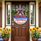 Memorial Day & 4th of July Patriotic Wreath, 12" Wooden Decor with Artificial Flowers, USA 250th Anniversary Sign for Front Door, Garden, Patios, Windows Decor (Color-Bless)