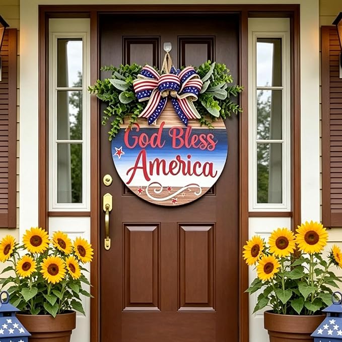 Memorial Day & 4th of July Patriotic Wreath, 12" Wooden Decor with Artificial Flowers, USA 250th Anniversary Sign for Front Door, Garden, Patios, Windows Decor (Color-Bless)