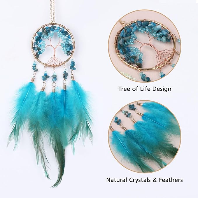 Pretty Jolly Small Tree of Life Crystal Stone Dream Catchers Blue Feathers Mini Dreamcatchers for Cars Rear View Mirror Hanging Decoration Good Luck Travel Charm Bedroom Ornaments for Women Girls