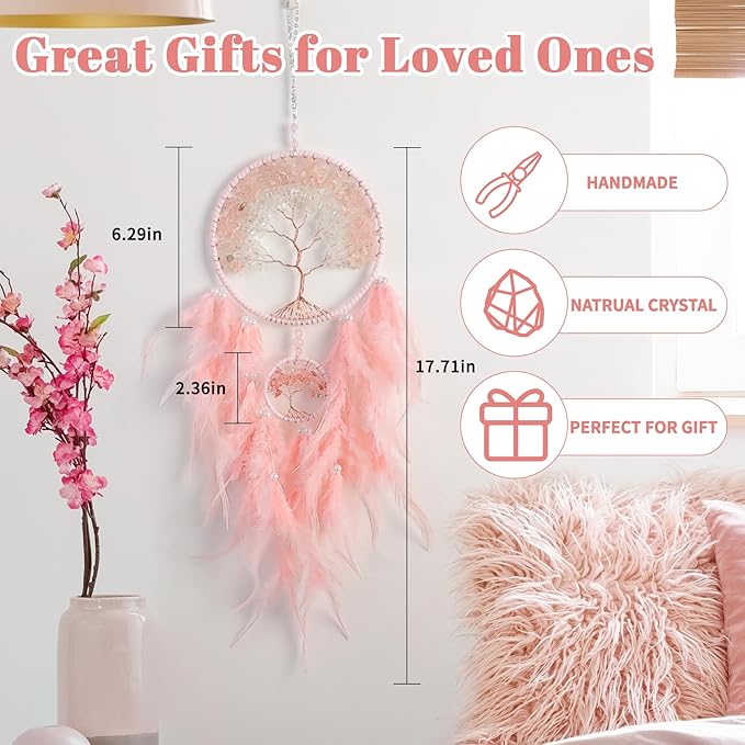 Dream Catcher, Handmade Dreamcatcher with Healing Crystal Stone, Tree of Life Dream Catchers Hanging Ornament for Home Bedroom Birthday Party, Perfect Craft Gift for Kids (Double Pink)