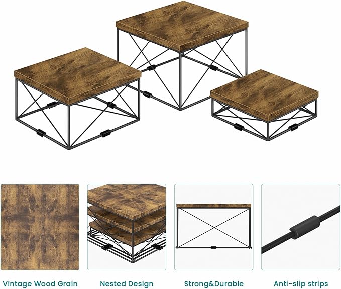 ELITEROO Buffet Risers and Stands, Square Display Risers for Catering Supplies, Wooden Food Display Stand for Buffet Table, 3 Tier Dessert Stands for Cake, Cupcake, Party Treat, Rustic Brown, 6"x7"x8"