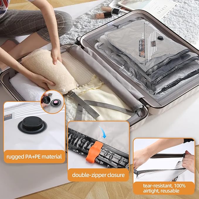 12 Pack Space Saver Bags with Rechargeable Electric Pump, Vacuum Storage Bags for Travel & Home, Compression Bags for Luggage, Clothes, Bedding & Blankets, Cabin-Size Vacuum Sealer Bags