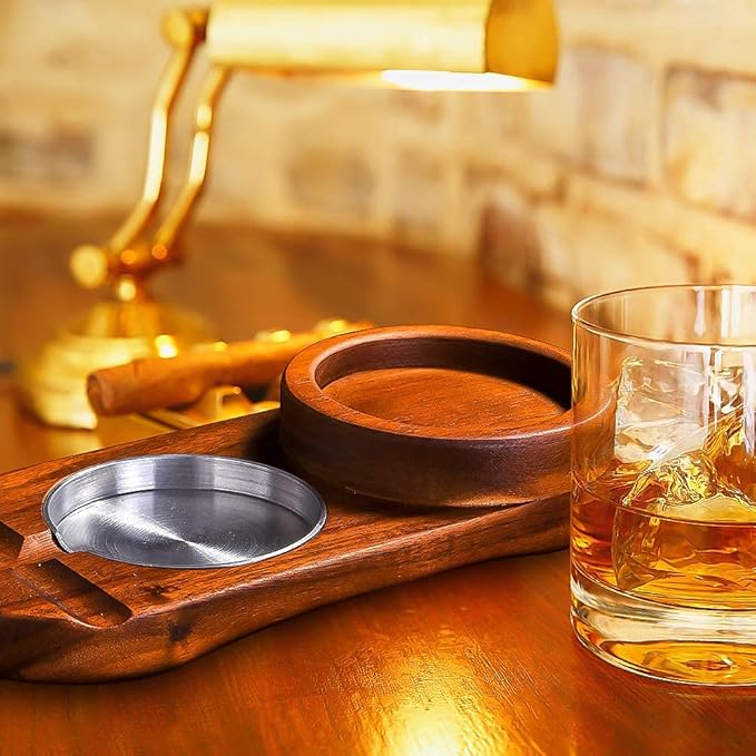 Father Day Gifts Cigar Ashtray Coaster Whiskey Glass Tray and Cigar Holder, Wooden Ash Tray, Slot to Hold Cigar, Cigar Rest Cigar Accessory Set Gift for Men Dad, Great Decor for Home (Classic)