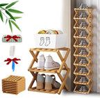 The 9-Tier No-Assembly Bamboo Rack, Foldable Stackable 9 Tier Bamboo Shoe Rack Vertical Storage Sturdy & Stable, Tall Narrow Space-Saving Expandable Shoe Rack for Entryway Closet Dorm (Nature,3 Tiers)