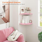 Homode Corner Floating Shelves, Corner Wall Shelf with Cord Hole, 2 Tier Wood Hanging Corner Shelf for Bathroom, Bedroom, Living Room, Pink