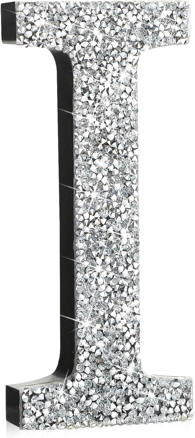 Qunclay 12'' Silver Crystal Diamond Bling Letters Crushed Diamond Decoration Wooden Glitter Letter with Screw and Hooks Rhinestone Gift for Wedding Y2k Mcbling Bedroom Wall Decor (Letter I)