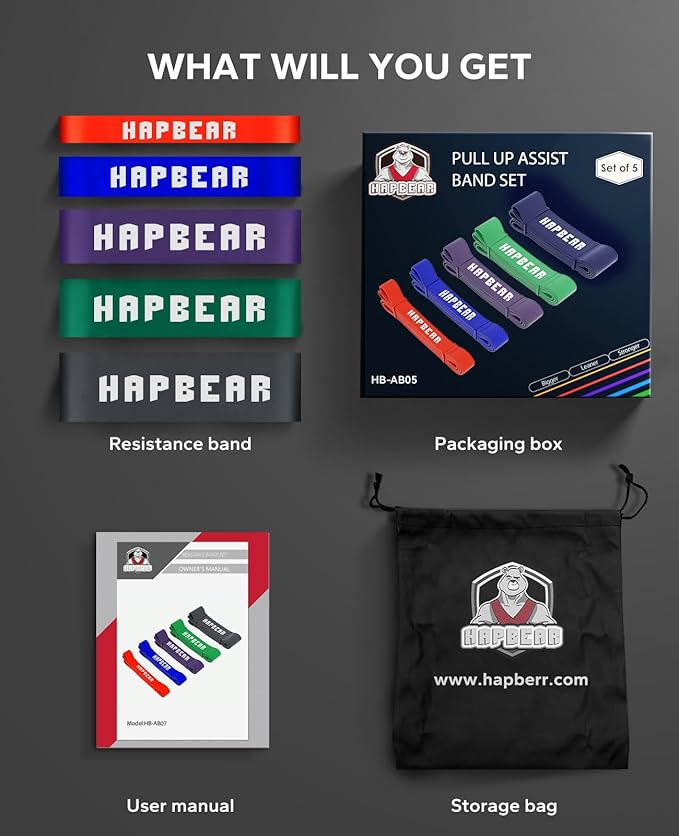 HAPBEAR Pull Up Assistance Bands - Pull Up Bands - Resistance Bands - Exercise Bands Resistance Bands Set of 5 - Workout Bands for Working Out, Stretching, Muscle Training