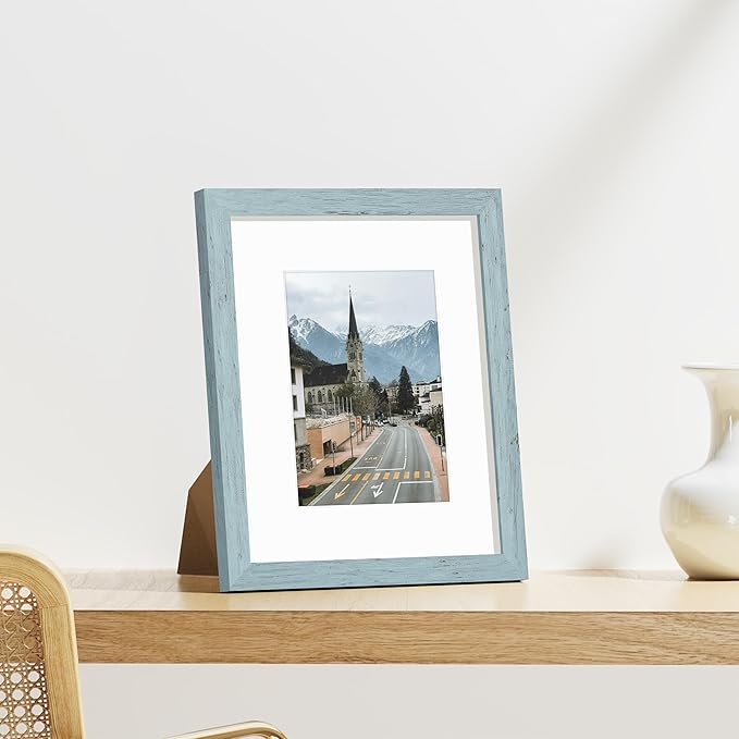 Vittanly 8x10 Picture Frames Set of 9, Shatter Resistant Plexiglass, Display 5x7 Pictures with Mat or 8x10 without Mat, Photo Frames for Wall or Tabletop, Engineered Wood, Rustic Blue