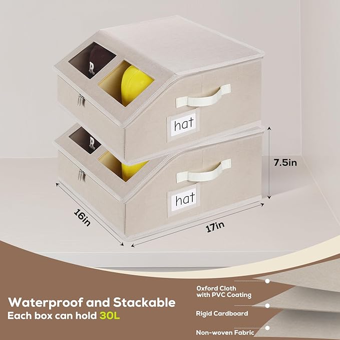 Hat Storage for Baseball Caps-Holds Up to 24 Caps, Hat Organizer for Closet Stackable Hat Box with Cardboard, Dustproof Baseball Cap Organizer with 2 Handles for Home Travel (Beige, 1 Pack)