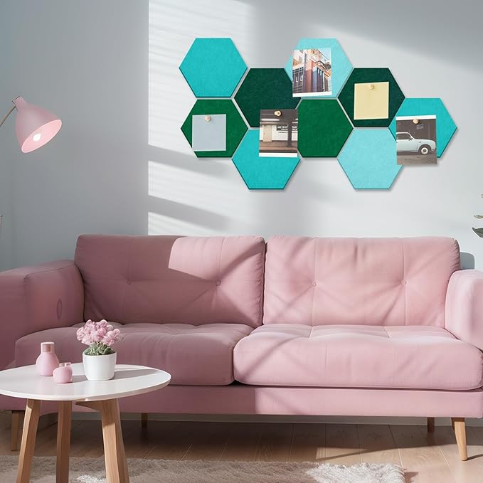 Mindsoft 16 Pcs Hexagon Cork Board for Walls with 50 Wooden Push Pins 6.7 x 5.9 in Felt DIY Tiles Notice with Nano Tape Hanging Bulletin Board for Home Photo Office Memo Note(Turquoise)