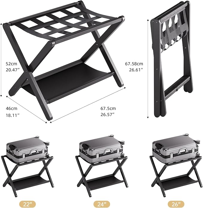 HITNET Luggage Rack for Guest Room, Suitcase Stand Folding Bedroom, Bamboo Hotel Luggage Holder with Fabric Storage Shelf and Nylon Straps, Black