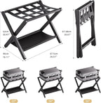 HITNET Luggage Rack for Guest Room, Suitcase Stand Folding Bedroom, Bamboo Hotel Luggage Holder with Fabric Storage Shelf and Nylon Straps, Black