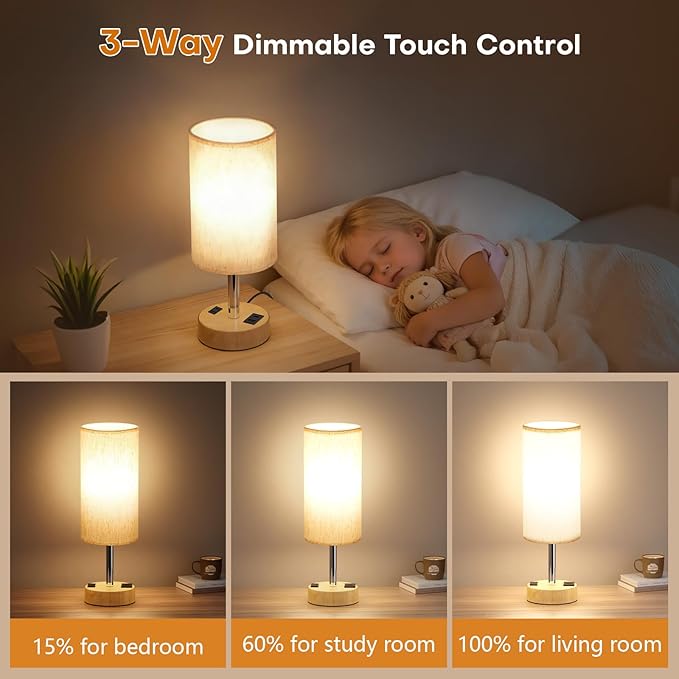 MOICO Bedside Table Lamp for Bedroom, 3-Way Dimmable Nightstand Lamp with USB C, USB A Ports & AC Outlet, Small Table Lamp Fabric Shade for Living Room Dorm Office, LED Bulb Included (14in Wood Grain)