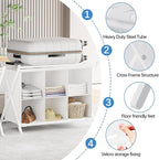 Luggage Rack for Guest Room, Folding Suitcase Stand with 6-Cube Fabric Storage Shelf, Luggage Holder, Steel Foldable Luggage Stand for Guest Room, Bedroom, Hotel, White