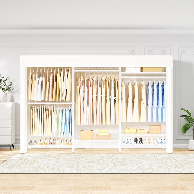 Ulif E13C Pro Heavy Duty Closet Organizer System，Freestanding Clothing Racks for Hanging Clothes，Adjustable Garment Rack 75" W x16 D x77 H Hold 1000lbs，White Rack with White Dustproof Cover