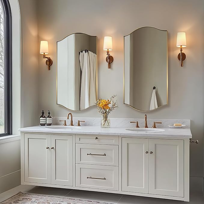 ANDY STAR Rectangle Scalloped Mirror, 24"x40" Brushed Gold Bathroom Mirror in SUS304 Stainless Steel Metal Frame, Brass Vanity Mirror with Unique Arched Top Design