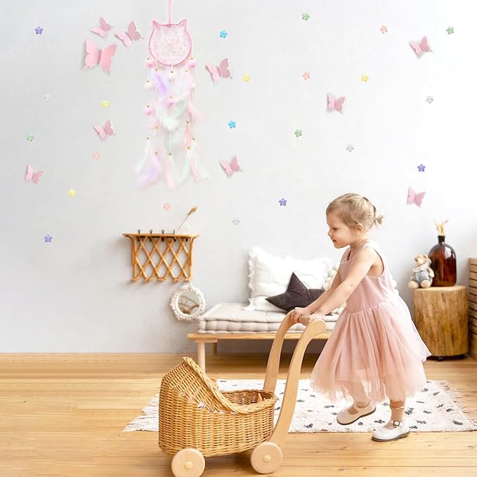 Fun-Plus Pink Dream Catcher Wall Hanging Set - 10 Butterflies & 16 Stars, Boho Room Decor for Girls, Easy Peel & Stick Wall Art for Bedroom, Nursery, Teen Room for Daughter, Birthday, Christmas
