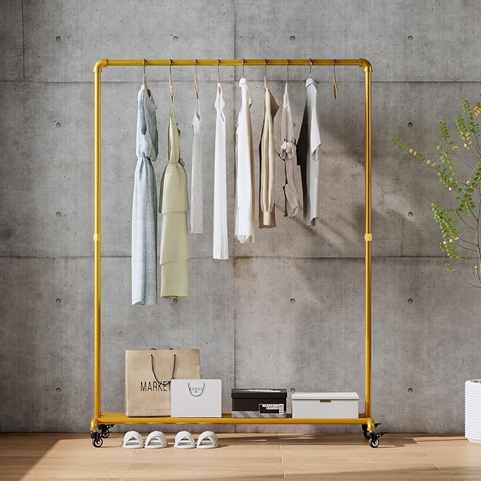 Gold pipe clothing rack with Bottom Shelf,rolling clothes rack heavy duty,garment racks for hanging clothes,Hanging Rack Closet Organizer for Bedroom,Retail (gold)