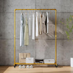 Gold pipe clothing rack with Bottom Shelf,rolling clothes rack heavy duty,garment racks for hanging clothes,Hanging Rack Closet Organizer for Bedroom,Retail (gold)