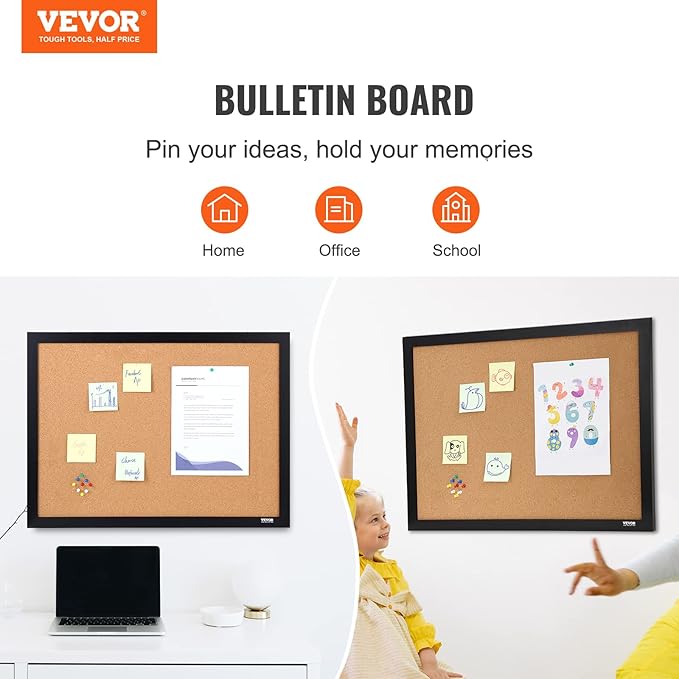 VEVOR 24 x 36 Cork Board, Large Bulletin Board with Black MDF Frame, Wall Mounted Pin Board for Office, School and Home Decor, Hanging Message Board for Pictures and Notes, 10 Push Pins Included