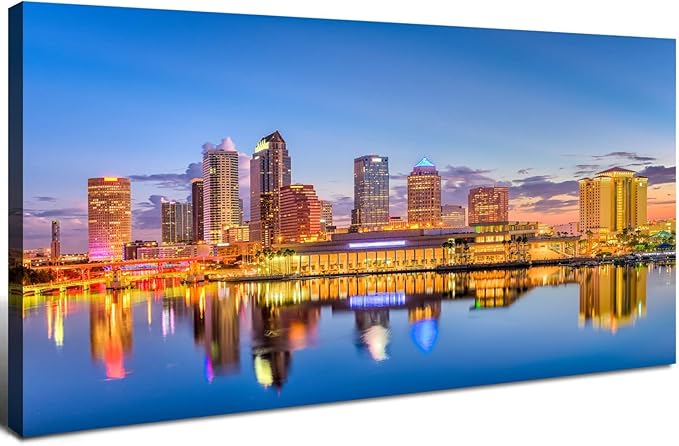 AIYISU Florida Skyline Wall Art USA City Poster Tampa Cityscape Picture Modern Office Wall Decor Blue Night Skyscraper Downtown River Reflection Painting Artwork for Living Room Decoration 20x40”