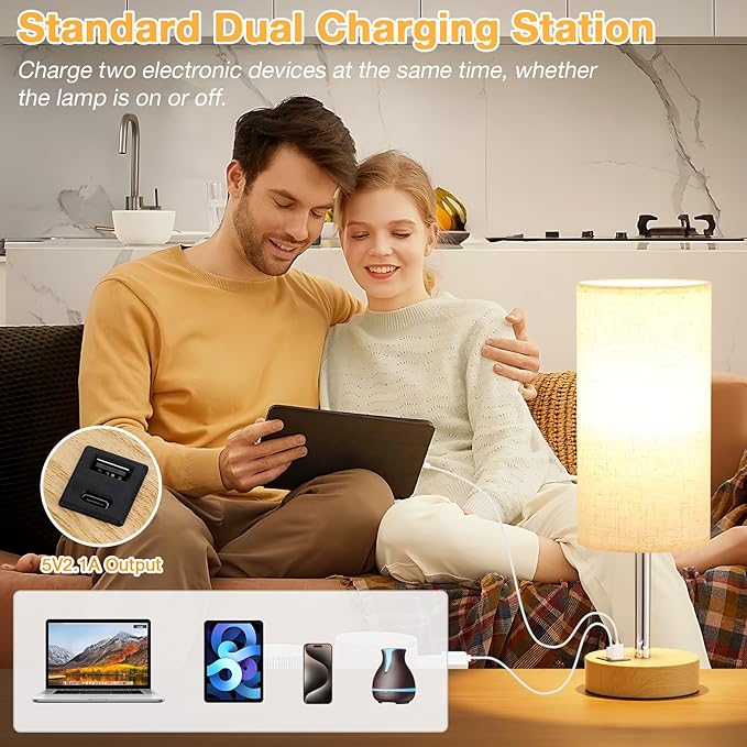 Touch Bedside Lamps Set of 2 - 3 Way Dimmable Table Lamps for Bedroom, Nightstand Lamp with Wooden Charging Station for Kids Room Dorm, Small Desk Lamp for Living Room, Office, Kids Room, Nursery