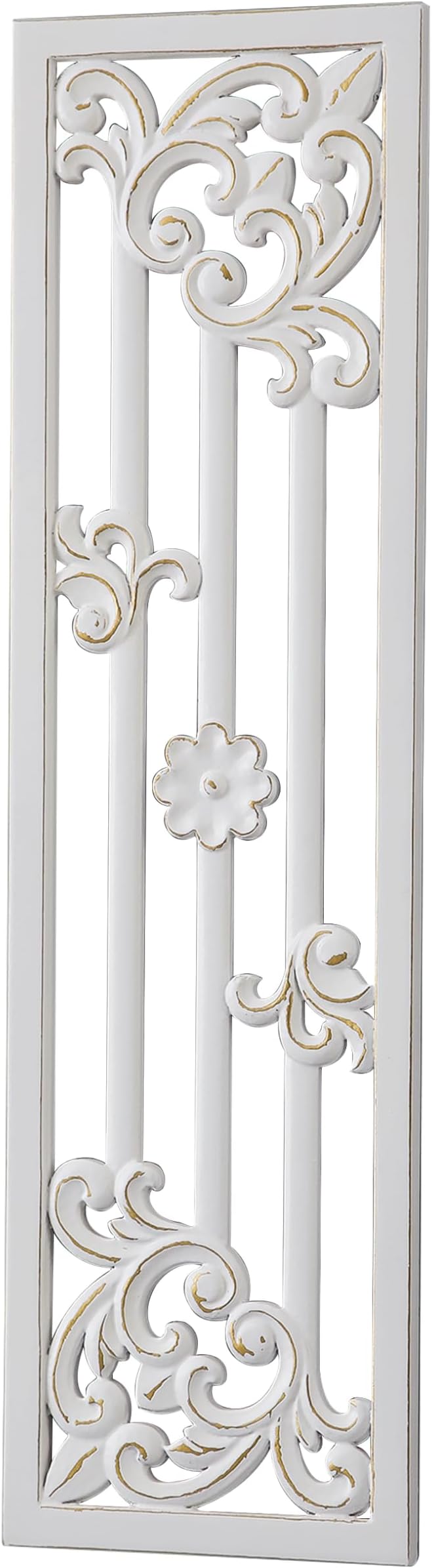 Sintosin Vintage Decorative Wood Panels for Walls 41 Inch, Hanging Distressed White and Gold Wall Art Decor, Handmade Rustic Floral Wood Wall Pediments for Living Room Bedroom Kitchen Hallway