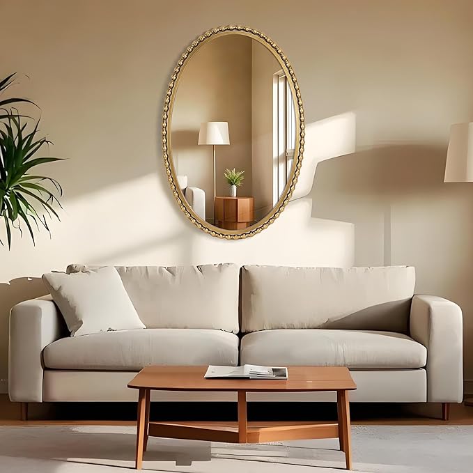 24x36 Inch Oval Wall Mirror with Antique Gold Beaded Frame, Vertical or Horizontal Hanging Vanity Mirror for Bathroom, Powder Room or Bedroom, Decorative Oval Mirror Wall Decor