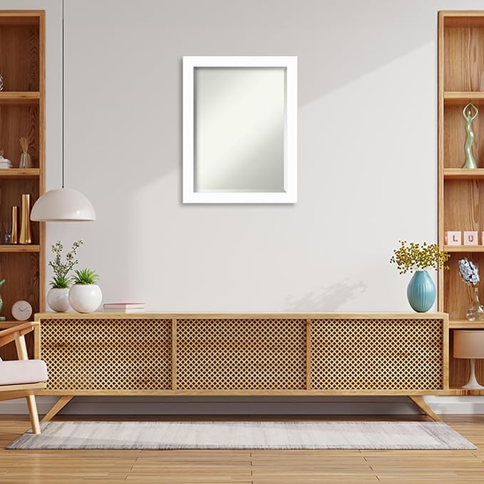Amanti Art White Wall Mirror 27x21 Basic White Narrow Rectangle Bathroom Mirror for Wall Decor Living Room, Medium Casual Wood Frame, Hangs Horizonally and Vertically, Bathroom Decor, Beveled Edge