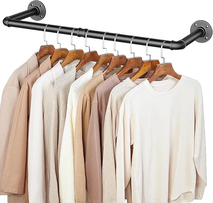 36 INCH Clothes Rack Wall Mounted, Industrial Pipe Garment Rack, Multi-Purpose Clothing Rod for Closet, Laundry Room, Retail Display, Black