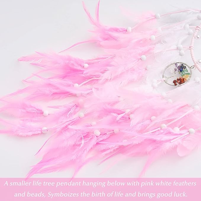 Dreamlike Butterfly Tree of Life Dream Catcher Wall Decor Pink Dream Catcher with Crystal Stone Handmade Feather Dreamcatchers Home Decor Wall Hanging for Girls Bedroom Wedding Craft Gift-29.5"