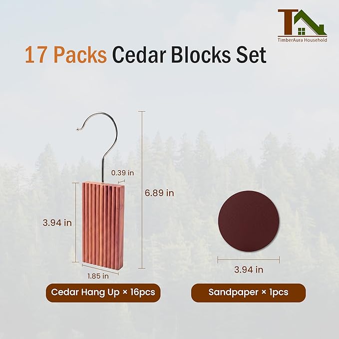 Cedar Blocks for Clothes Storage, Natural Cedar Wood Hooks for Closets and Drawers, 100% Natural & Fresh Scented Wardrobe Organizer, 17 Pack