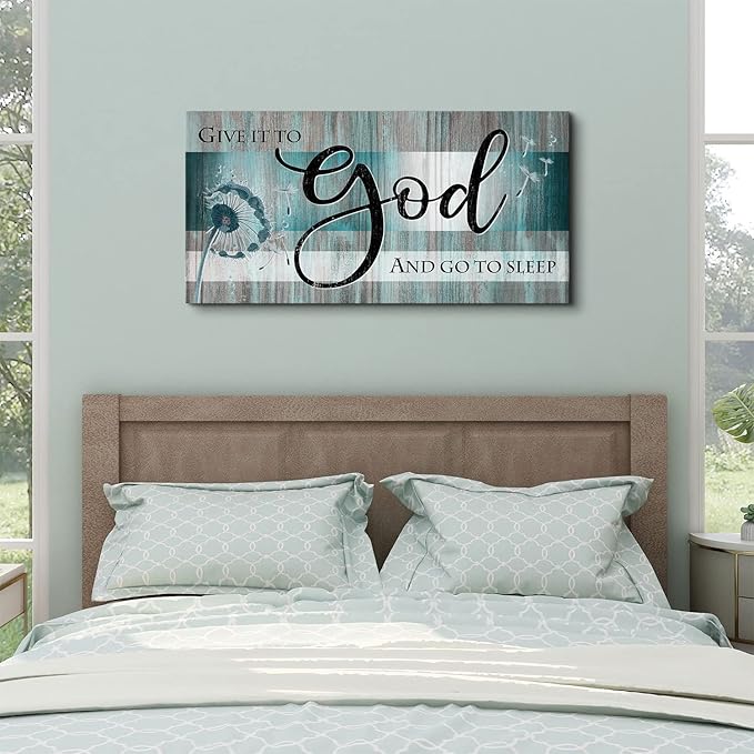 Large Christian Wall Art Bible Verses Wall Decor Give It to God and Go to Sleep Bedroom Pictures Inspirational Quote Wall Art Turquoise Teal Scripture Artwork for Living Room Home Decoration 24x48"