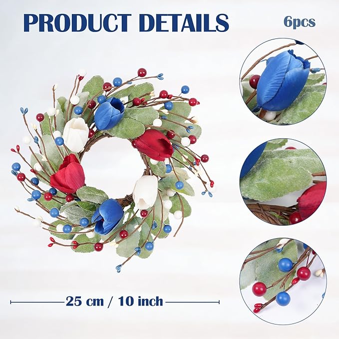 6 Pcs Red White and Blue Patriotic Wreaths, 9 Inch with Sage Green Lamb's Ear, Berry Stems & Tulips | 4th of July Memorial Day Front Door Decor
