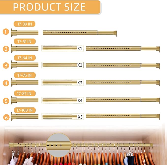 1.3 Inch Diameter Closet Rods for Hanging Clothes 17-75 Inch Adjustable, Metal Heavy Duty Closet Pole, Gold Closet Bar for Hanging Clothes, Suitable for Closet, Wardrobes, Bathroom, Windows