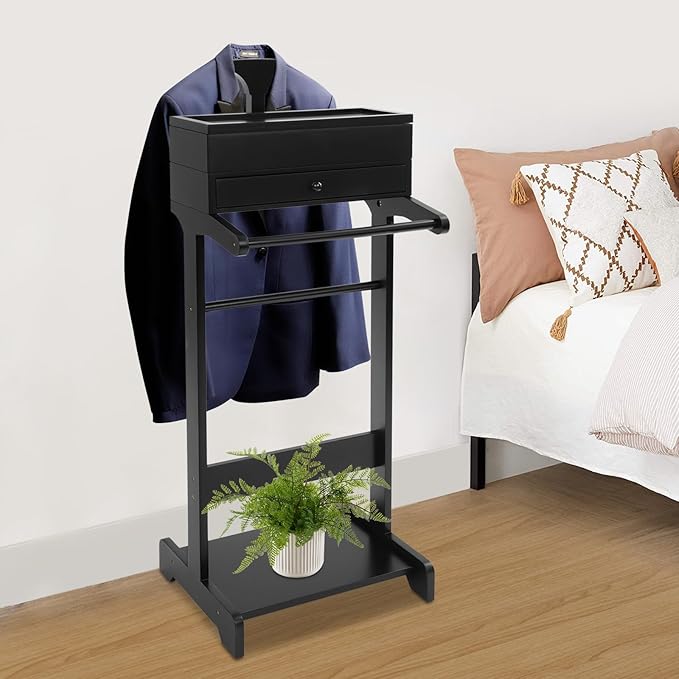 Suit Valet Stand Black, Freestanding Clothes Rack with Drawer & Shoe Rack, 33lbs Capacity, for Bedroom Hotel Entryway