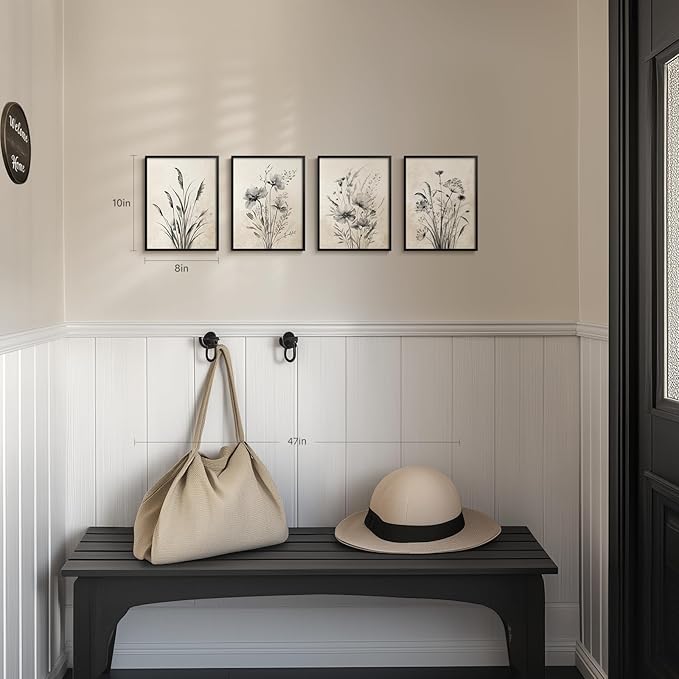Framed Vintage Botanical Wall Art, 4 Piece Boho Rustic Floral Canvas Painting Prints for Modern Farmhouse, Black and White Neutral Flower Pictures for Bathroom Bedroom Hallway Kitchen Home Decor, 8x10