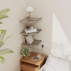 JJL Corner Shelf Wall Mounted, 12 Inches 3-Tier Floating Corner Shelf, Hexagon Rustic Wood Decor with Fence, Gray Wood Grain Floating Shelves for Apartment Bedroom Kitchen Bathroom